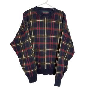 Saddlebred XL Navy Blue Plaid Cotton Crewneck Sweater Vintage Dark Academia